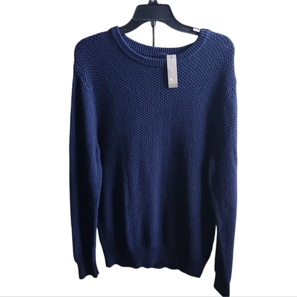 NEW J. Crew Men's Sweater Medium Navy Blue Cotton Sweater In Checker Stitch